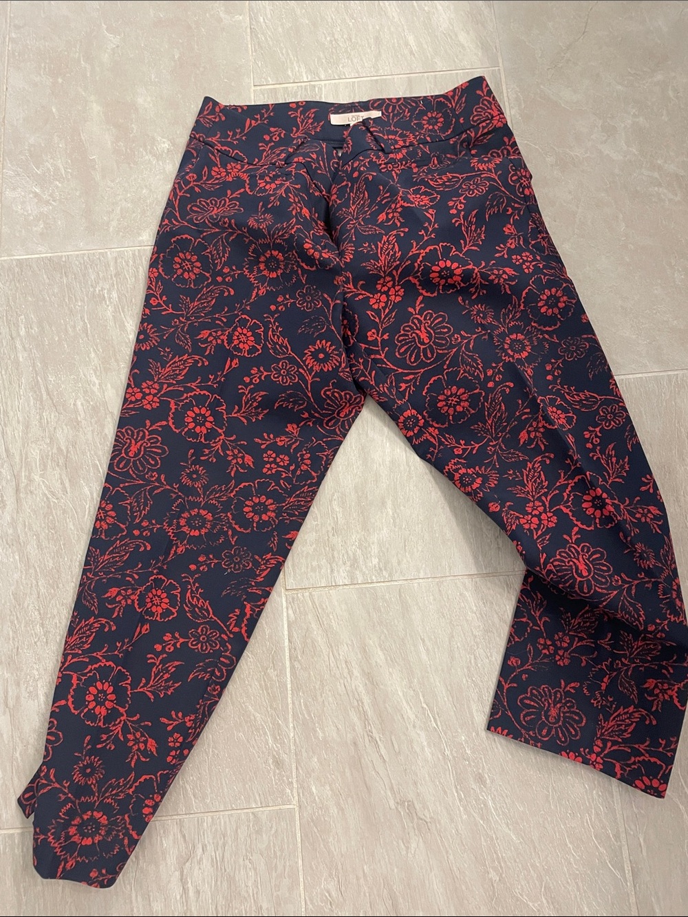 Navy Pants with Red Floral Print